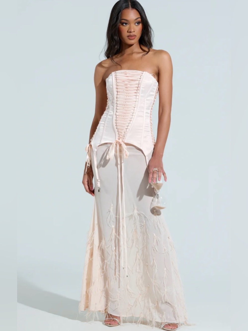 AKIRA Blush Pink Lace-Up Corset & Sheer Embroidered Skirt Set FEATHER BALLERINA